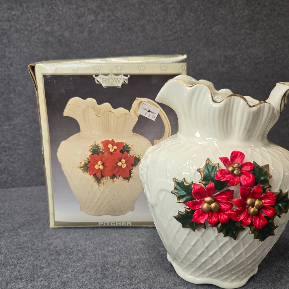 Crown Accents Ceramic Christmas Poinsettia Pitcher Cream Gold Trim Holiday Decor